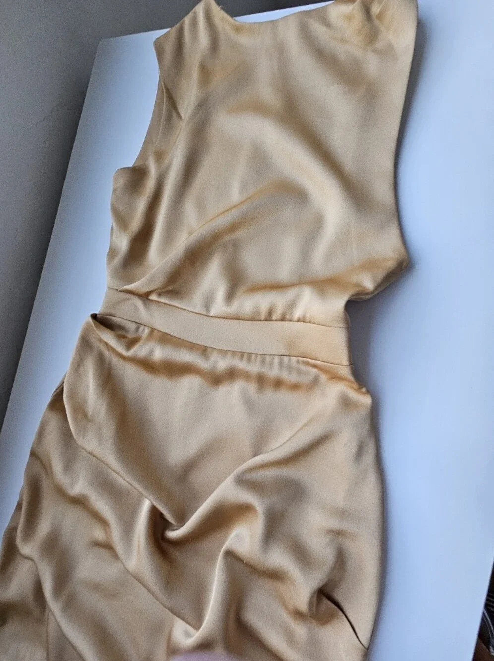 Friend Of Audrey Australia Gold Rouched Satin Asymmetric Sleeveless Midi Dress